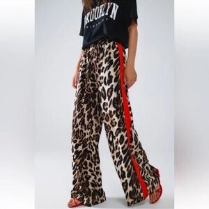 Leopard Print Stretchy Waist Red Side Stripe Wide Leg Pants New